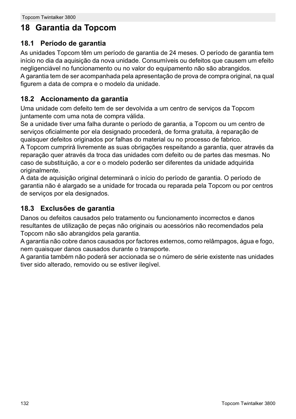 18 garantia da topcom | Topcom Twin Talker 3800 User Manual | Page 134 / 188