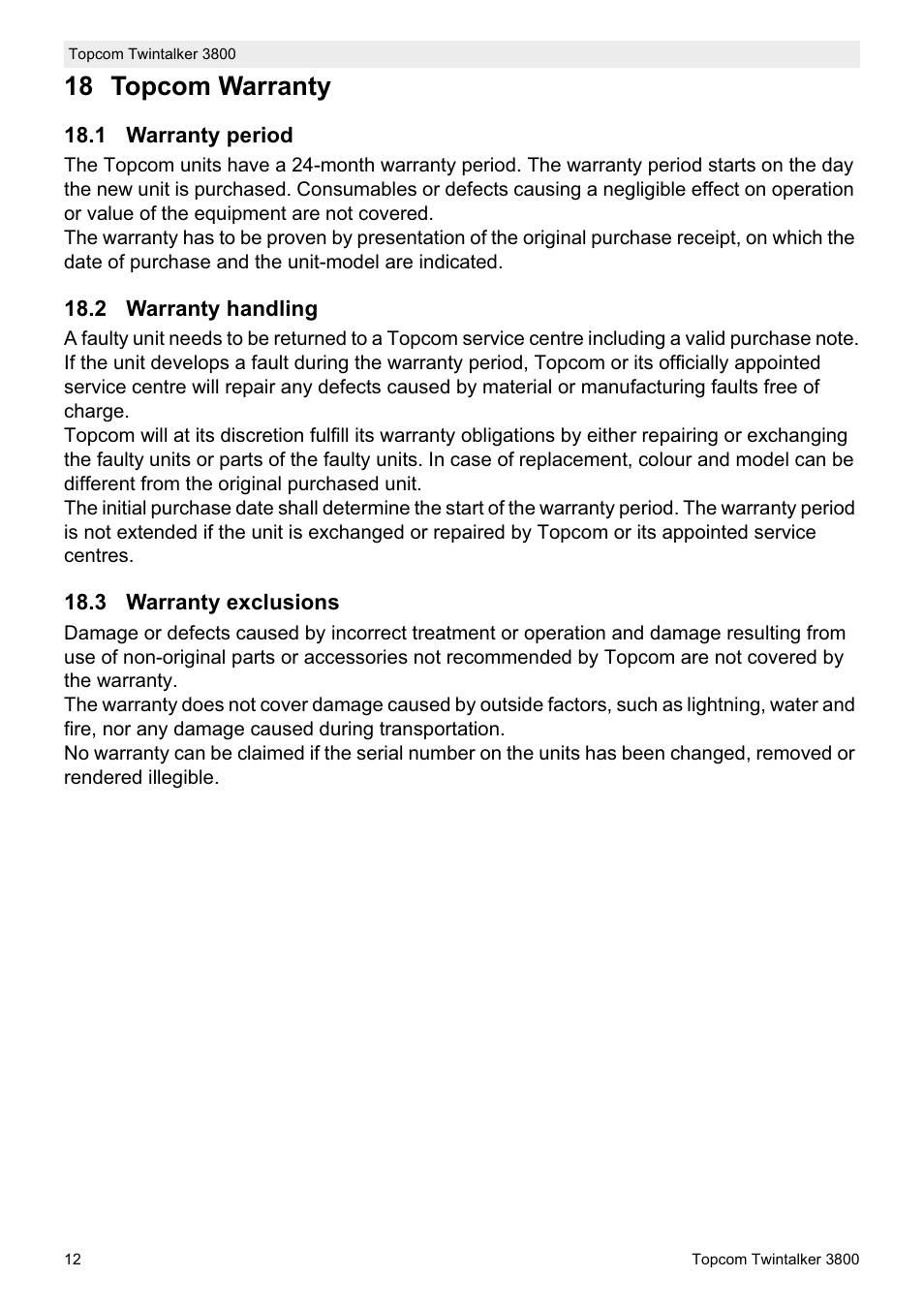 18 topcom warranty | Topcom Twin Talker 3800 User Manual | Page 14 / 188