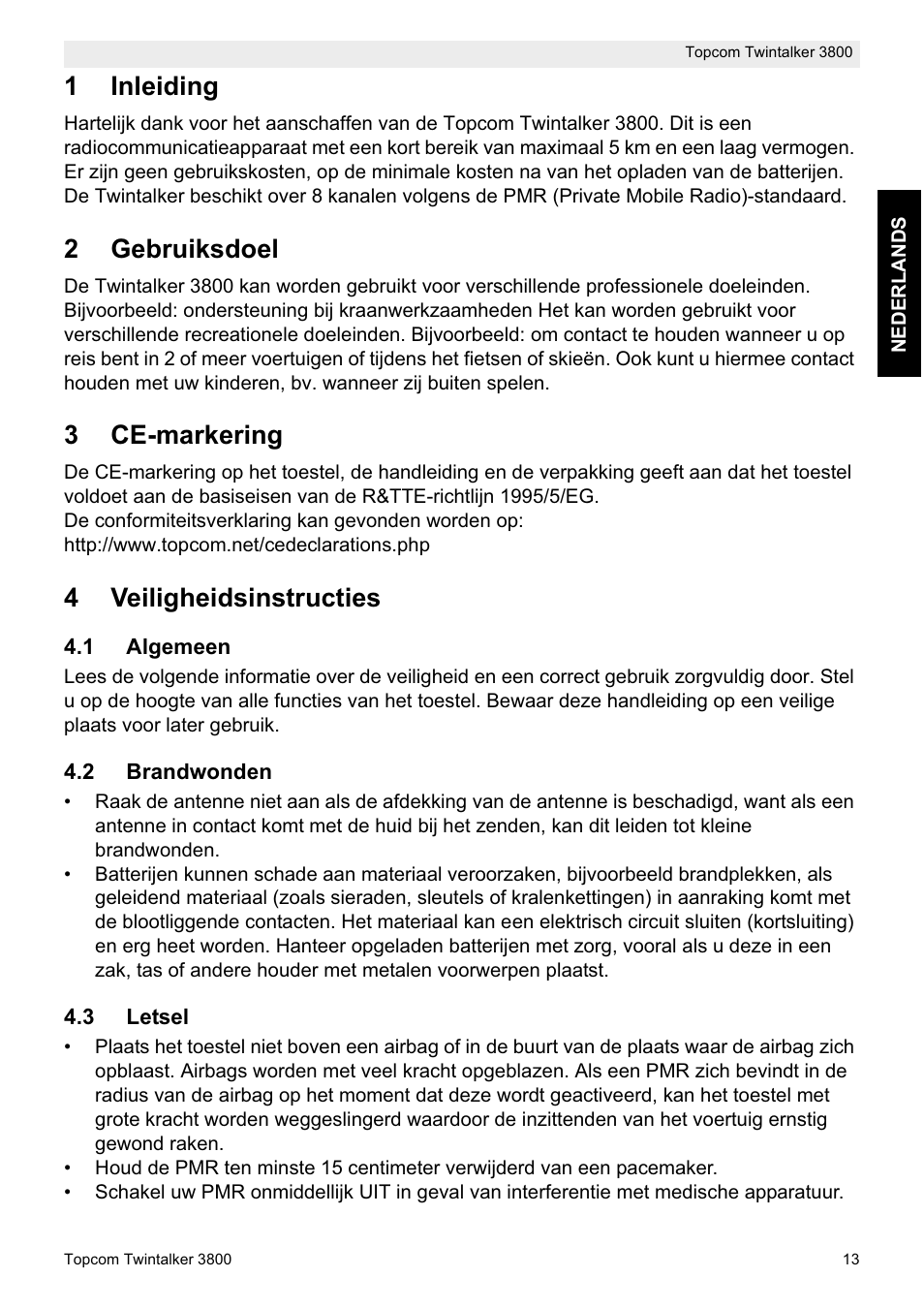 1inleiding, 2gebruiksdoel, 3ce-markering | 4veiligheidsinstructies | Topcom Twin Talker 3800 User Manual | Page 15 / 188