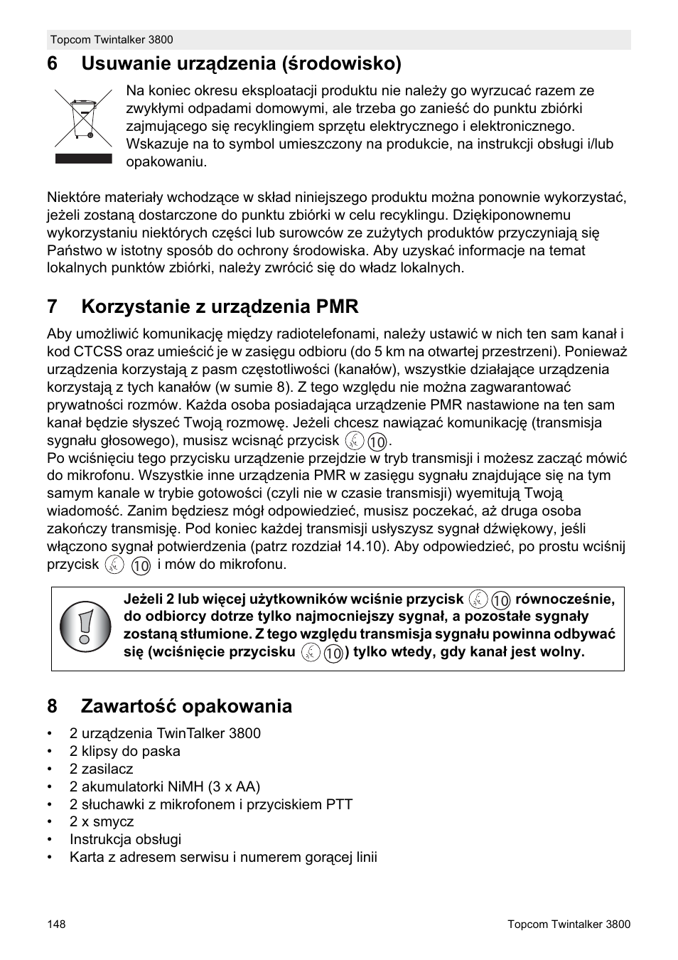 6usuwanie urz ądzenia (ğrodowisko), 7korzystanie z urz ądzenia pmr, 8zawarto ğü opakowania | Topcom Twin Talker 3800 User Manual | Page 150 / 188