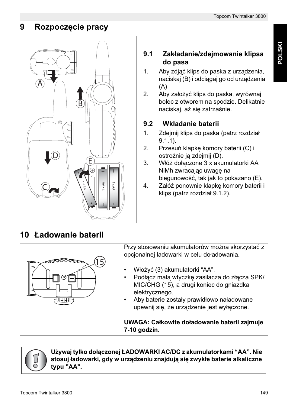 9rozpocz ċcie pracy 10 àadowanie baterii, Db c e | Topcom Twin Talker 3800 User Manual | Page 151 / 188