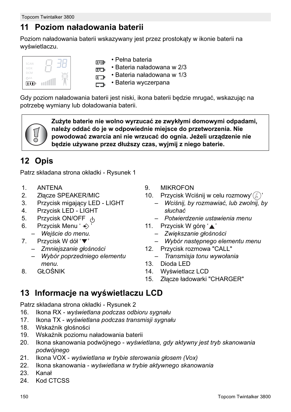 11 poziom na áadowania baterii, 12 opis, 13 informacje na wy ğwietlaczu lcd | Topcom Twin Talker 3800 User Manual | Page 152 / 188