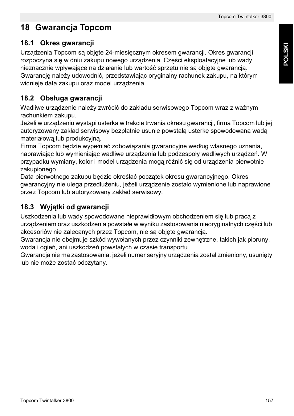 18 gwarancja topcom | Topcom Twin Talker 3800 User Manual | Page 159 / 188