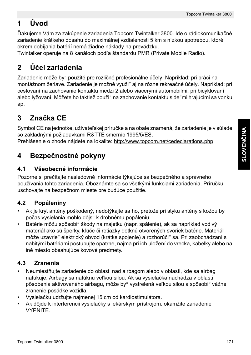 1úvod, 2ú þel zariadenia, 3zna þka ce | 4bezpe þnostné pokyny | Topcom Twin Talker 3800 User Manual | Page 173 / 188