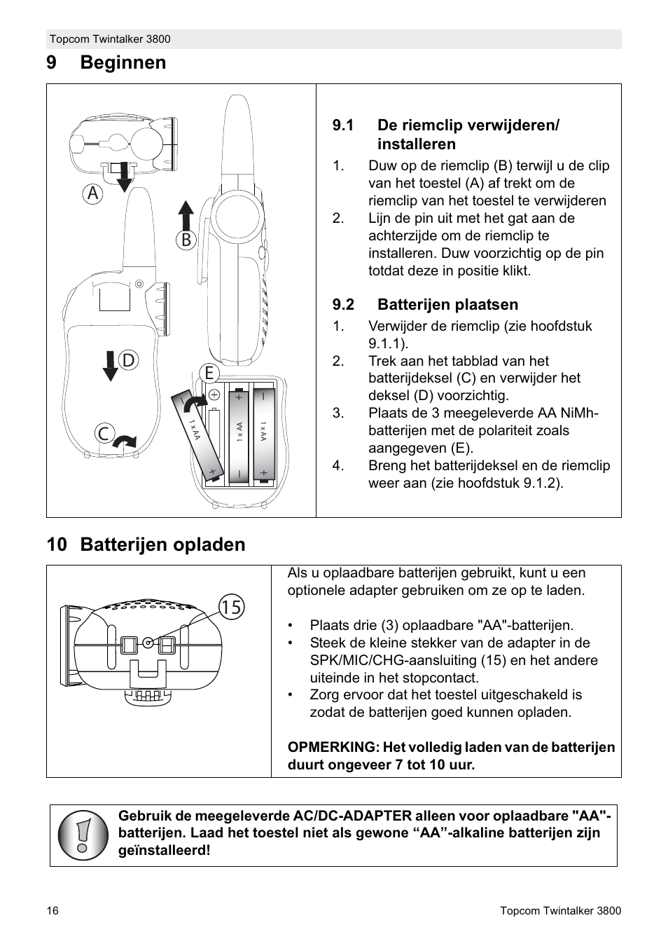 9beginnen 10 batterijen opladen, Db c e | Topcom Twin Talker 3800 User Manual | Page 18 / 188