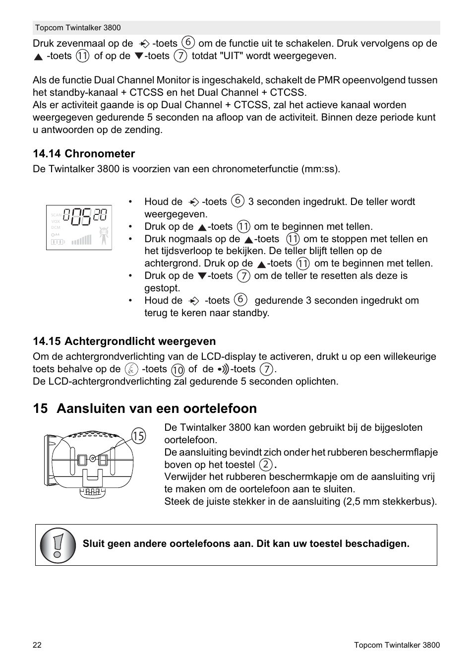 15 aansluiten van een oortelefoon | Topcom Twin Talker 3800 User Manual | Page 24 / 188