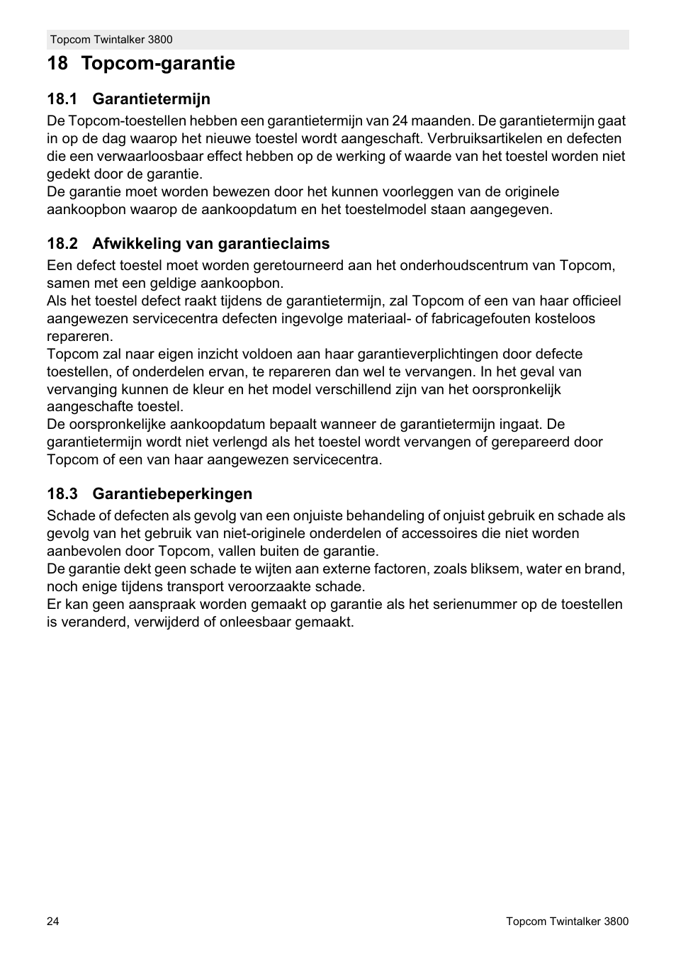 18 topcom-garantie | Topcom Twin Talker 3800 User Manual | Page 26 / 188