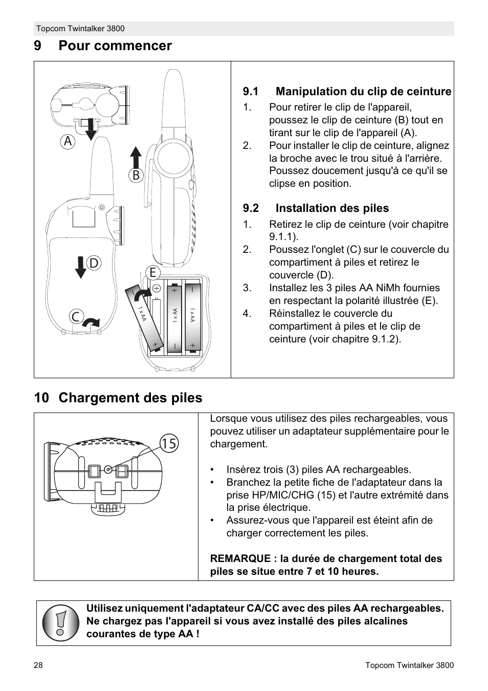 9pour commencer 10 chargement des piles, Db c e | Topcom Twin Talker 3800 User Manual | Page 30 / 188