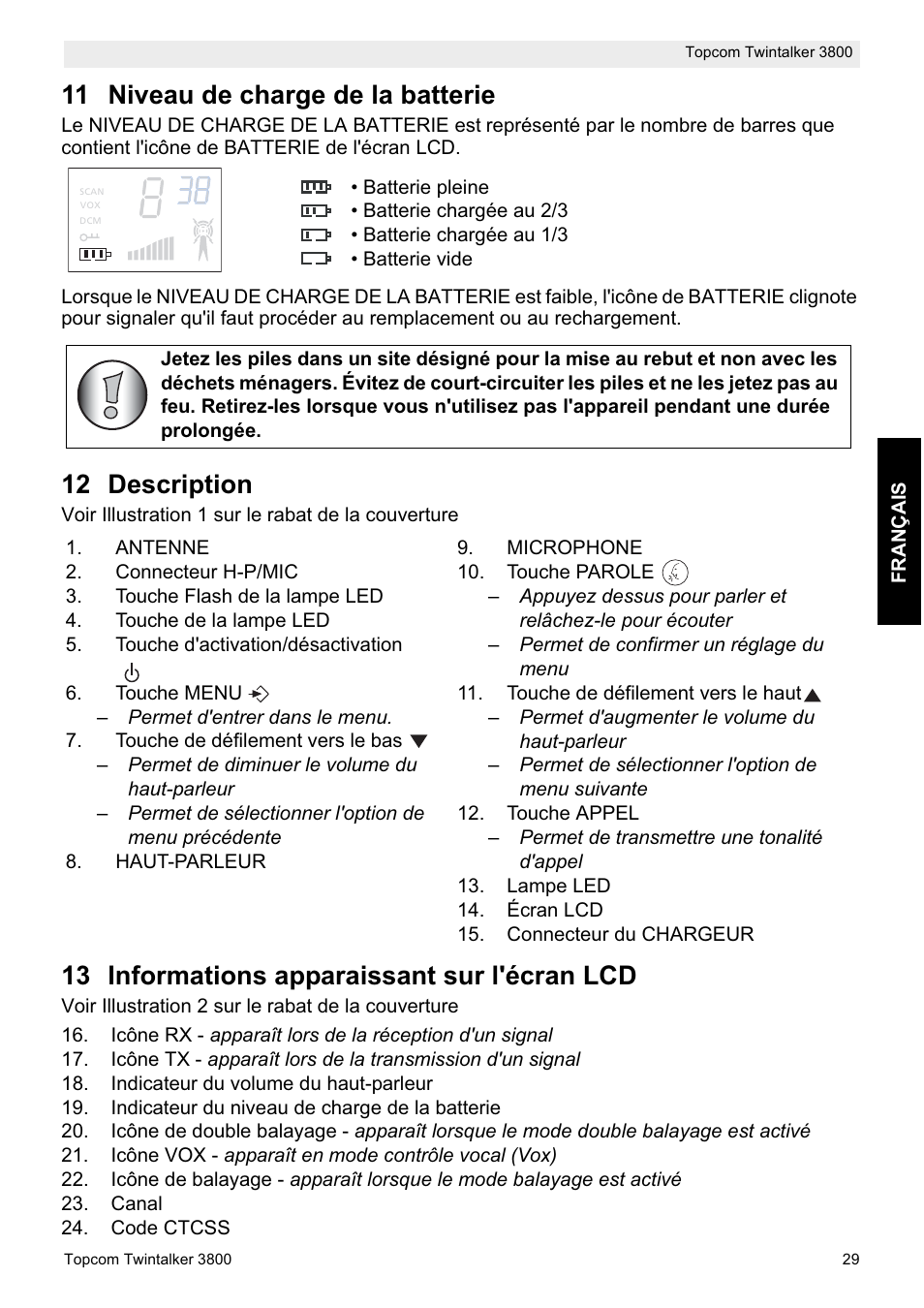 11 niveau de charge de la batterie, 12 description, 13 informations apparaissant sur l'écran lcd | Topcom Twin Talker 3800 User Manual | Page 31 / 188