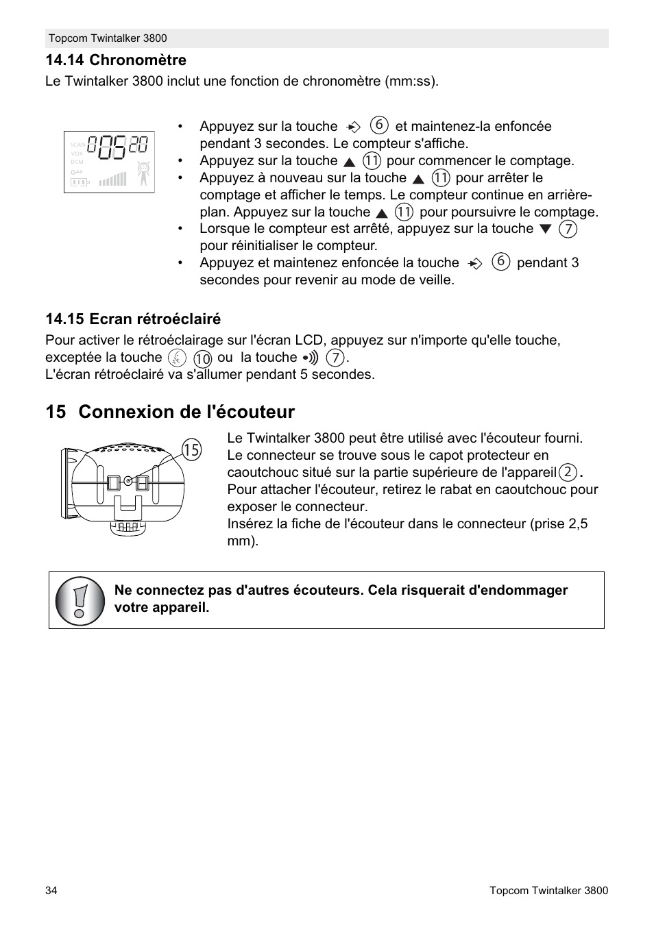 15 connexion de l'écouteur | Topcom Twin Talker 3800 User Manual | Page 36 / 188