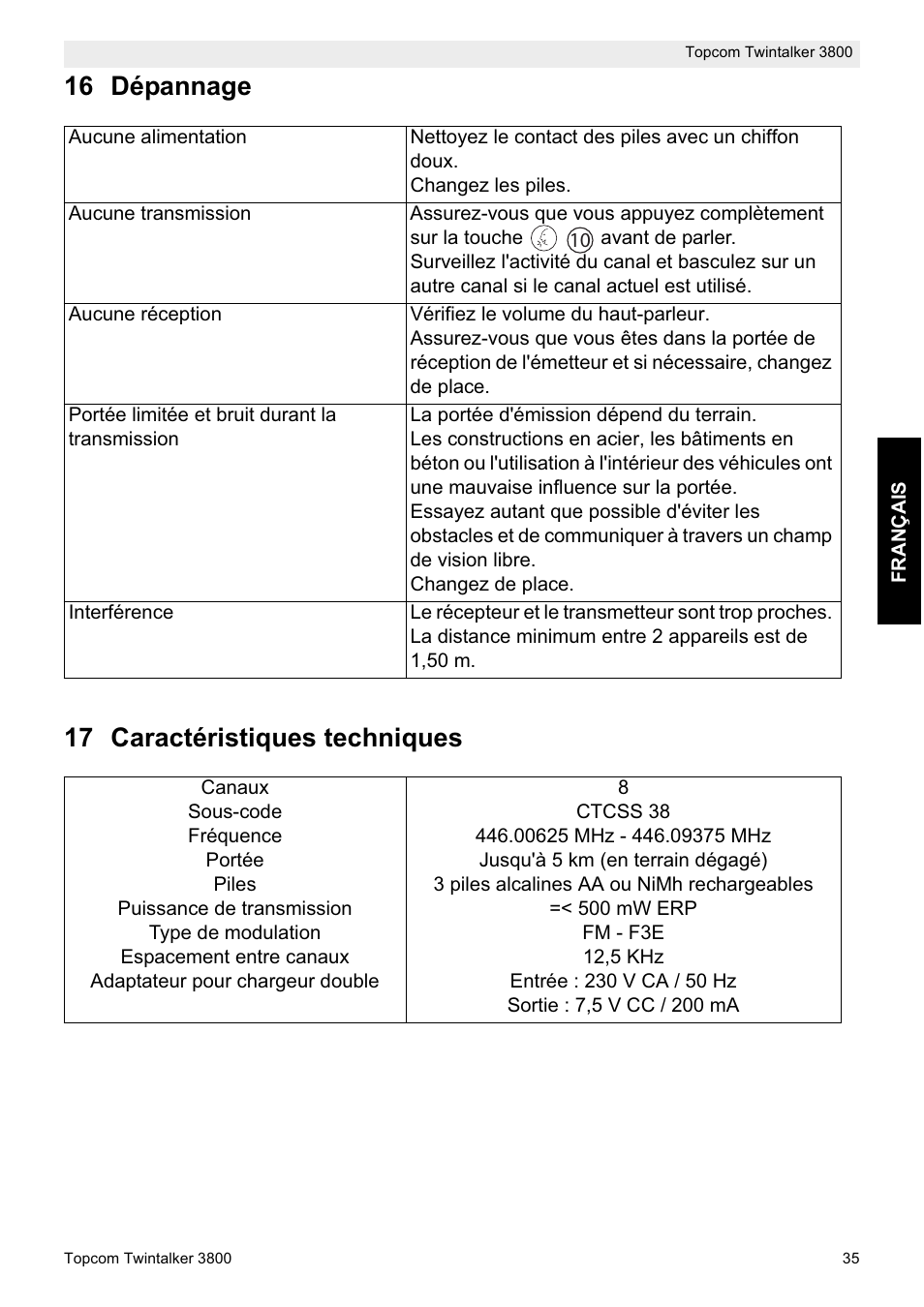 16 dépannage 17 caractéristiques techniques | Topcom Twin Talker 3800 User Manual | Page 37 / 188