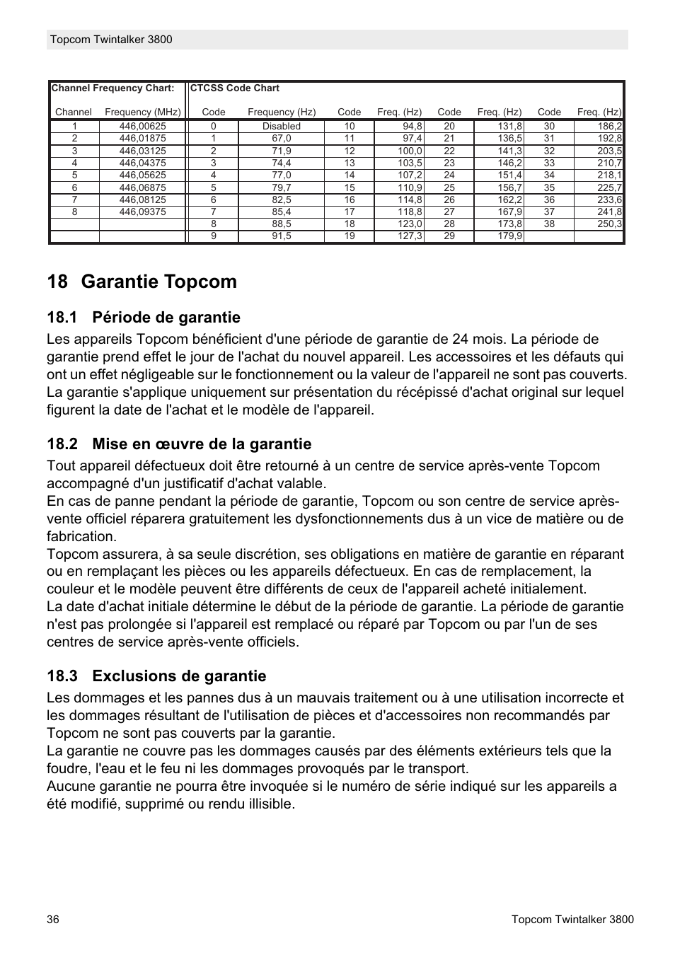 18 garantie topcom, 1 période de garantie, 2 mise en œuvre de la garantie | 3 exclusions de garantie | Topcom Twin Talker 3800 User Manual | Page 38 / 188