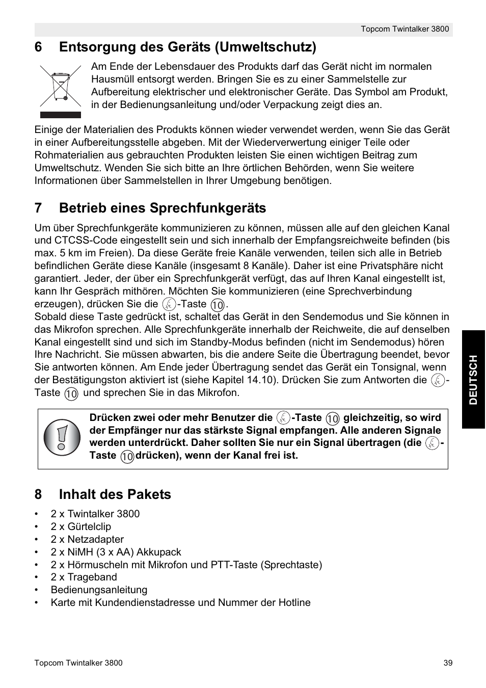 6entsorgung des geräts (umweltschutz), 7betrieb eines sprechfunkgeräts, 8inhalt des pakets | Topcom Twin Talker 3800 User Manual | Page 41 / 188