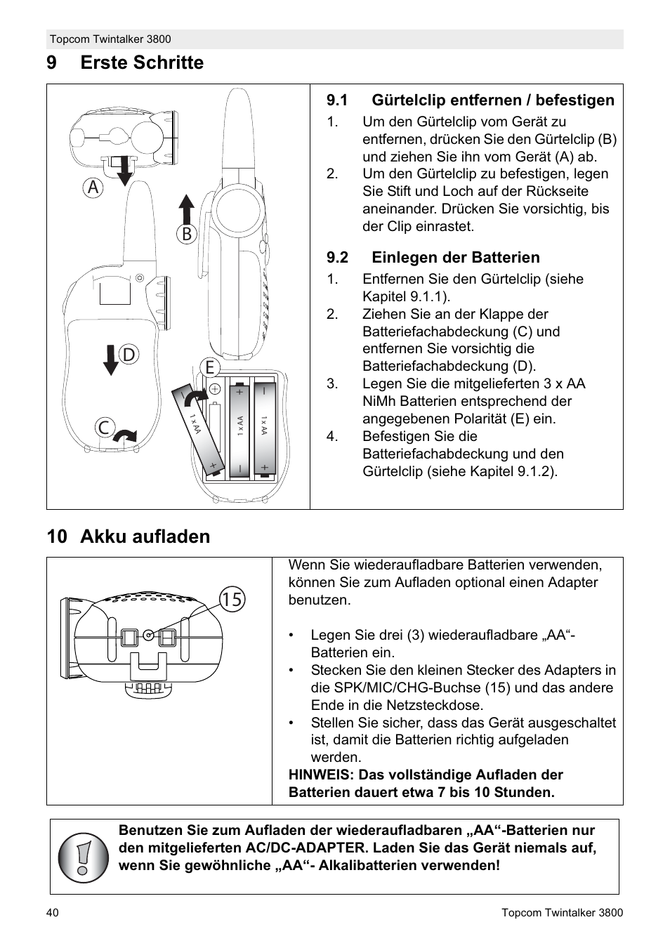 9erste schritte 10 akku aufladen, Db c e | Topcom Twin Talker 3800 User Manual | Page 42 / 188