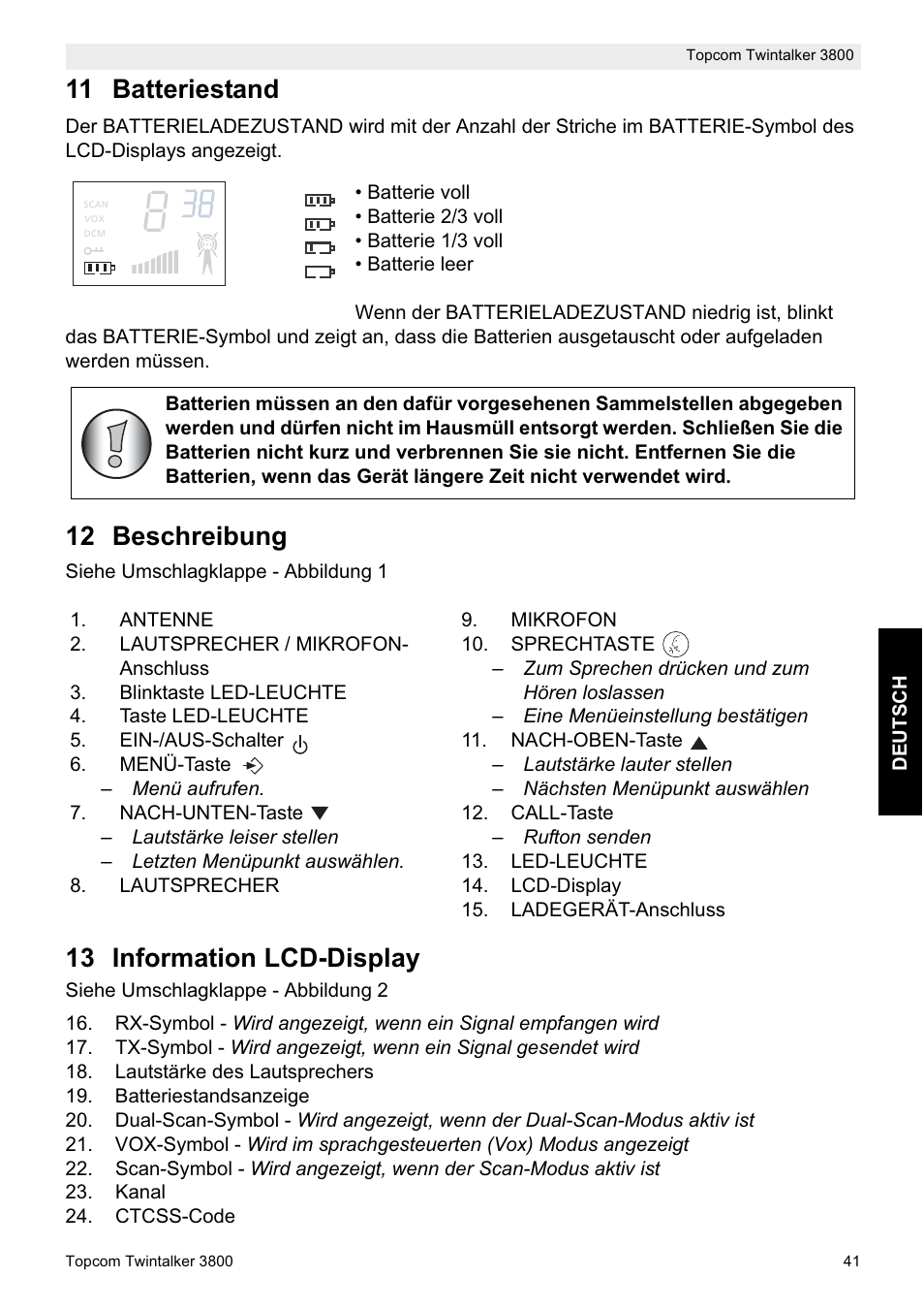 11 batteriestand, 12 beschreibung, 13 information lcd-display | Topcom Twin Talker 3800 User Manual | Page 43 / 188