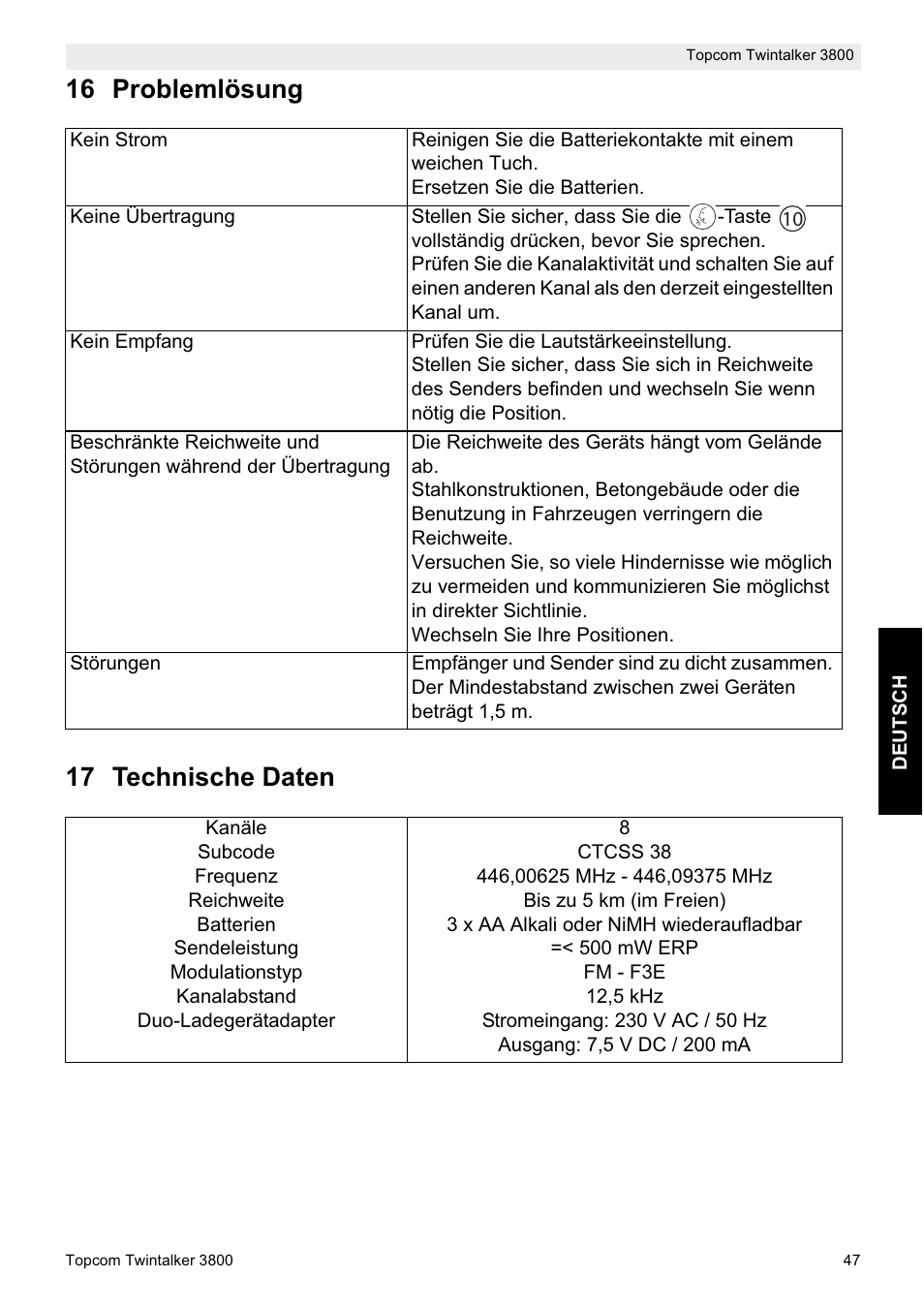 16 problemlösung 17 technische daten | Topcom Twin Talker 3800 User Manual | Page 49 / 188