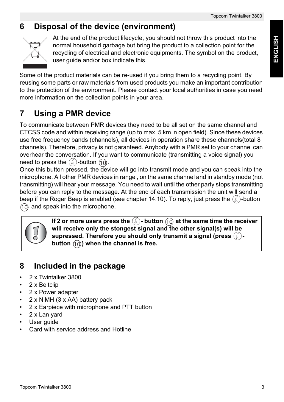 6disposal of the device (environment), 7using a pmr device, 8included in the package | Topcom Twin Talker 3800 User Manual | Page 5 / 188