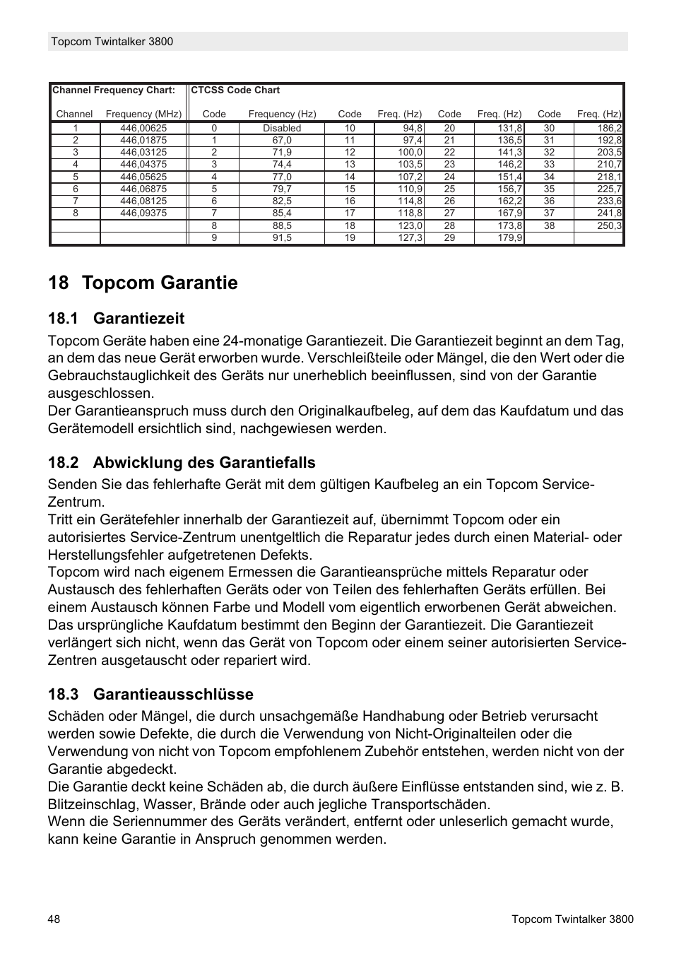 18 topcom garantie, 1 garantiezeit, 2 abwicklung des garantiefalls | 3 garantieausschlüsse | Topcom Twin Talker 3800 User Manual | Page 50 / 188