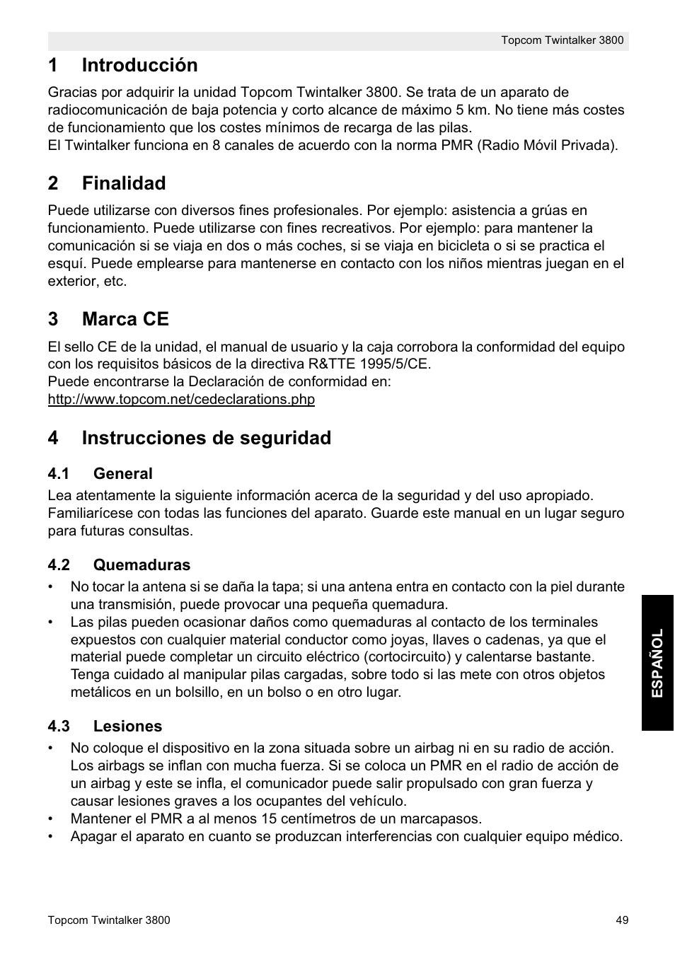 1introducción, 2finalidad, 3marca ce | 4instrucciones de seguridad | Topcom Twin Talker 3800 User Manual | Page 51 / 188