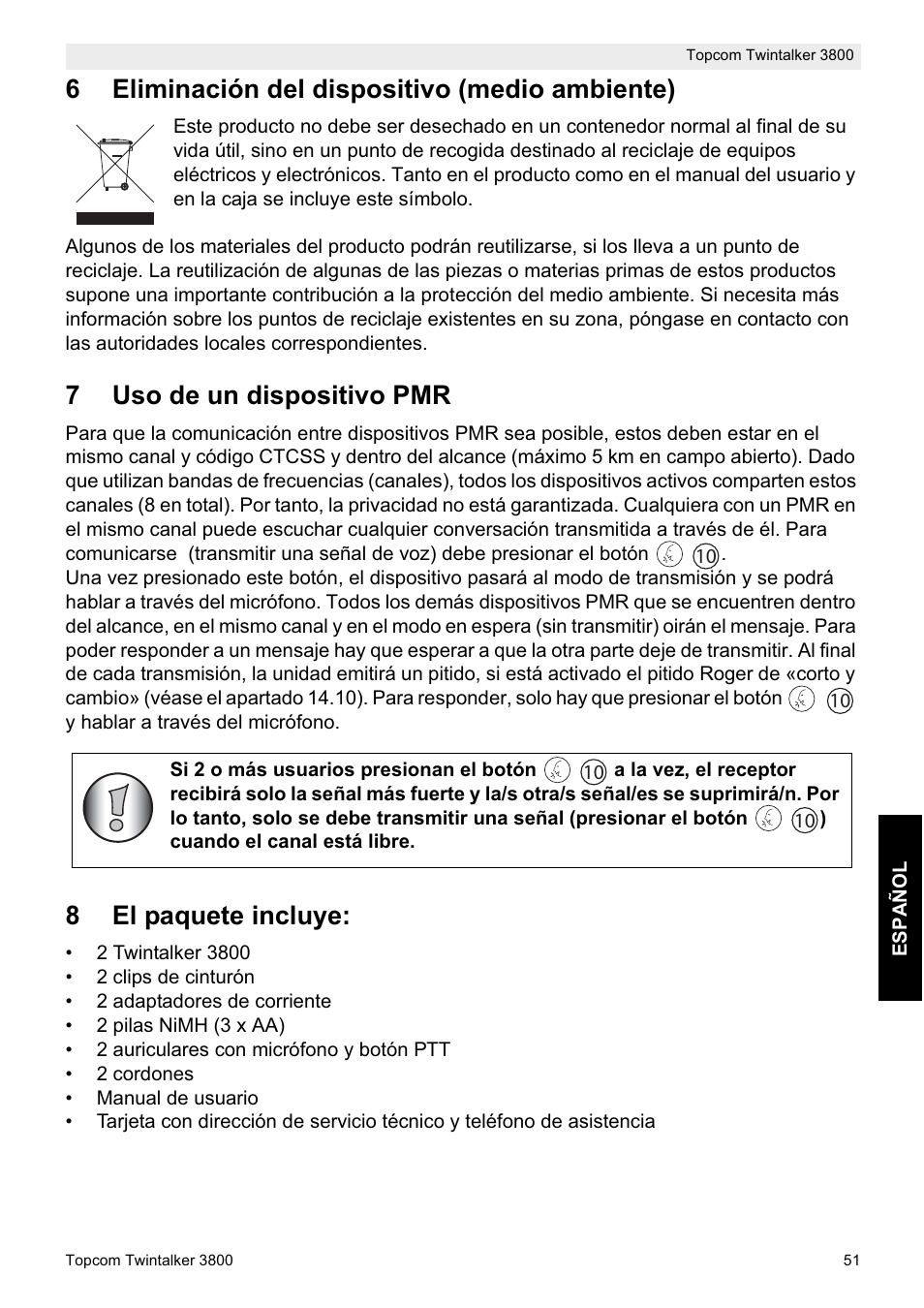 6eliminación del dispositivo (medio ambiente), 7uso de un dispositivo pmr, 8el paquete incluye | Topcom Twin Talker 3800 User Manual | Page 53 / 188