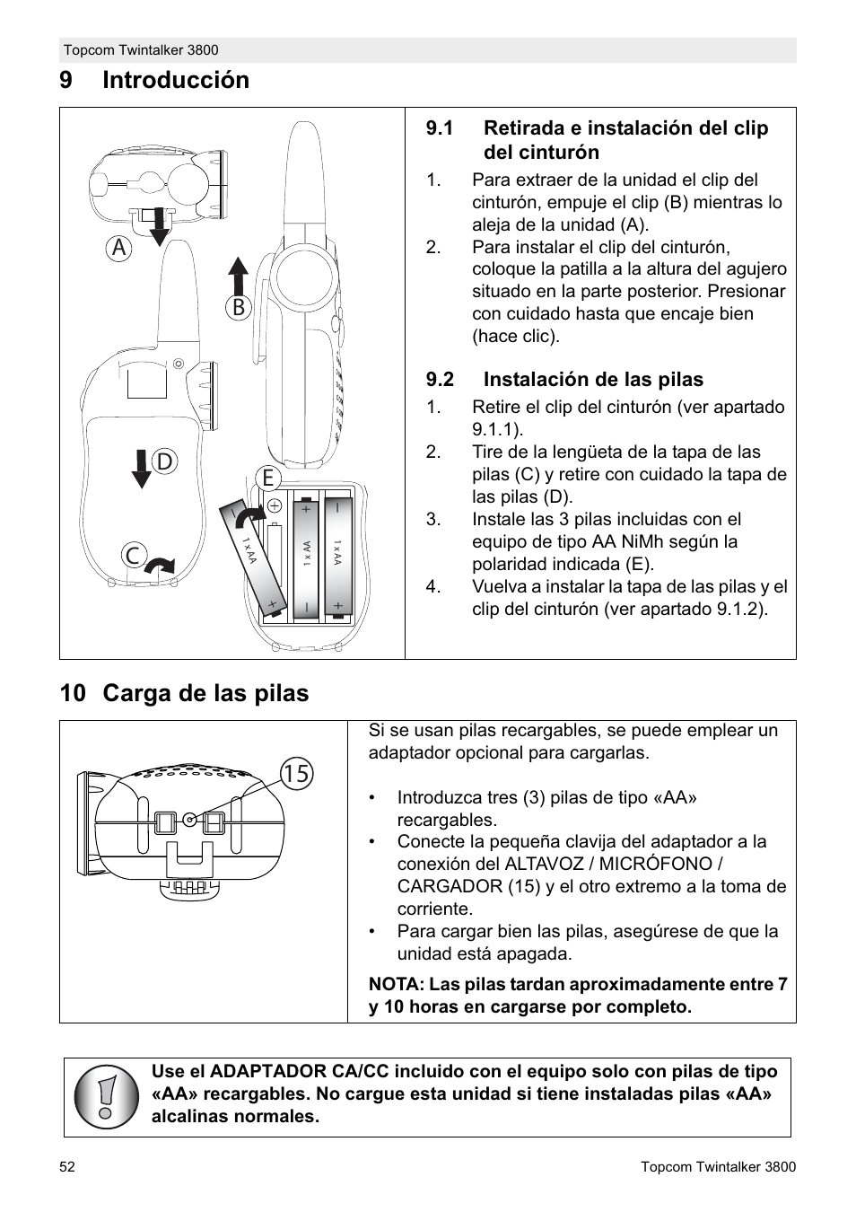 9introducción 10 carga de las pilas, Db c e | Topcom Twin Talker 3800 User Manual | Page 54 / 188