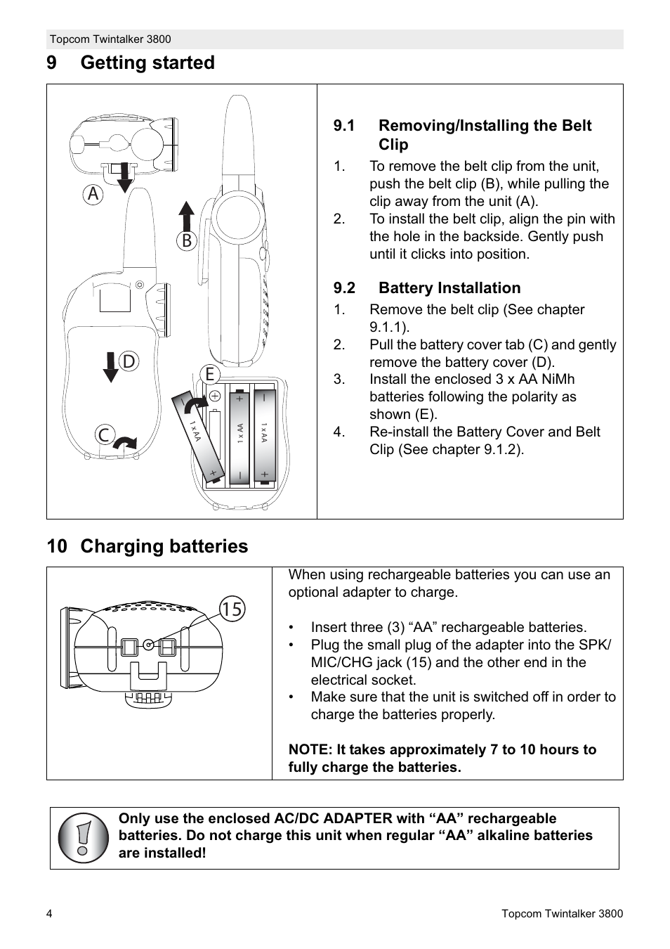 9getting started 10 charging batteries, Db c e | Topcom Twin Talker 3800 User Manual | Page 6 / 188