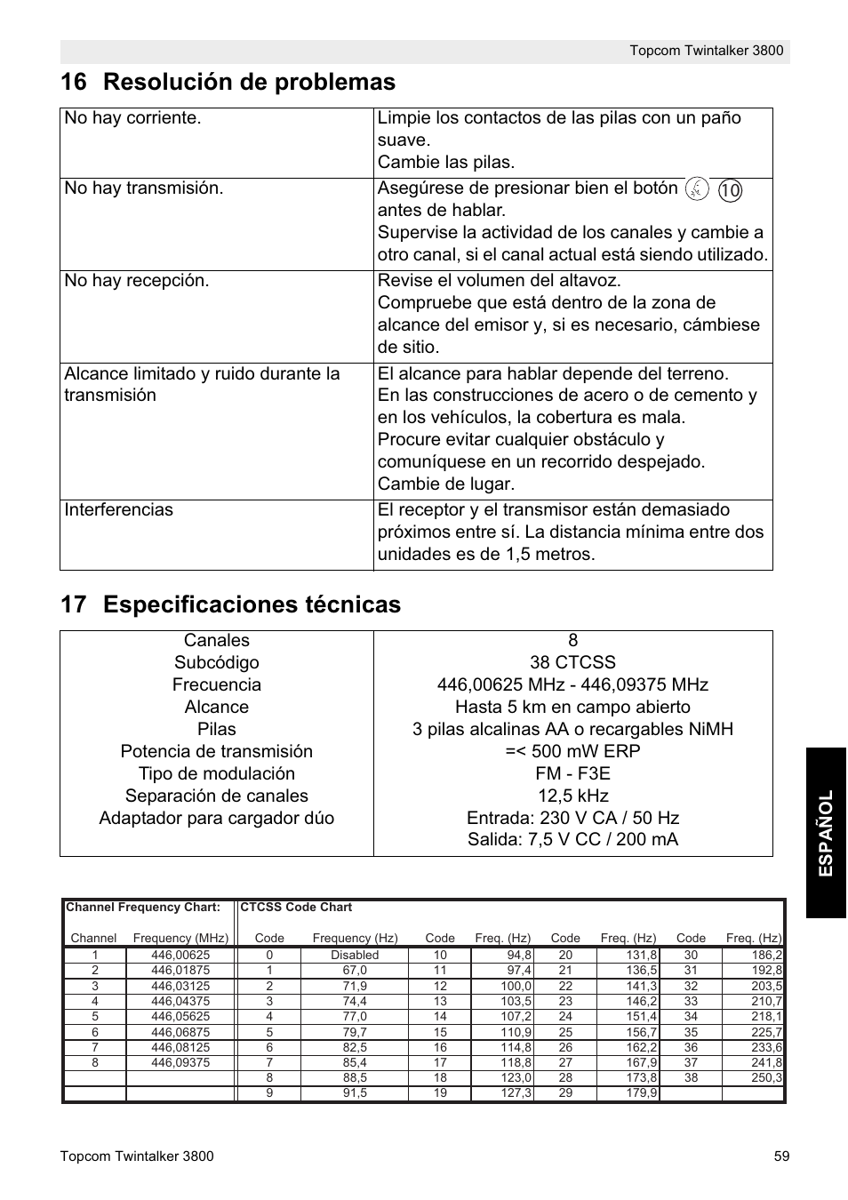 Español | Topcom Twin Talker 3800 User Manual | Page 61 / 188