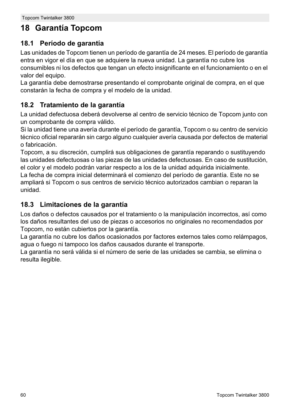 18 garantía topcom | Topcom Twin Talker 3800 User Manual | Page 62 / 188