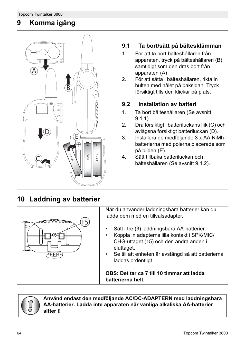 9komma igång 10 laddning av batterier, Db c e | Topcom Twin Talker 3800 User Manual | Page 66 / 188