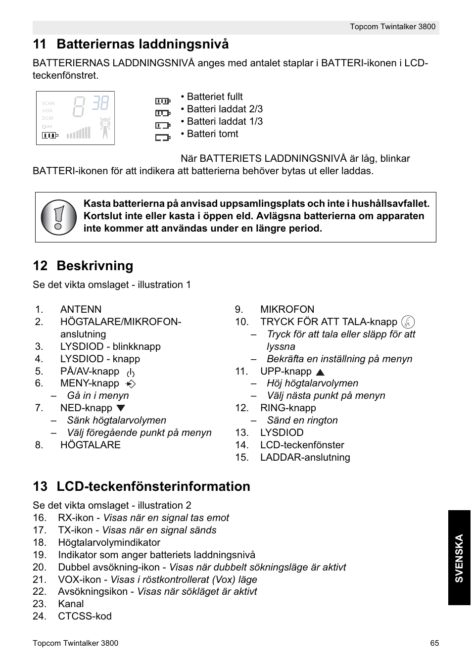 11 batteriernas laddningsnivå, 12 beskrivning, 13 lcd-teckenfönsterinformation | Topcom Twin Talker 3800 User Manual | Page 67 / 188