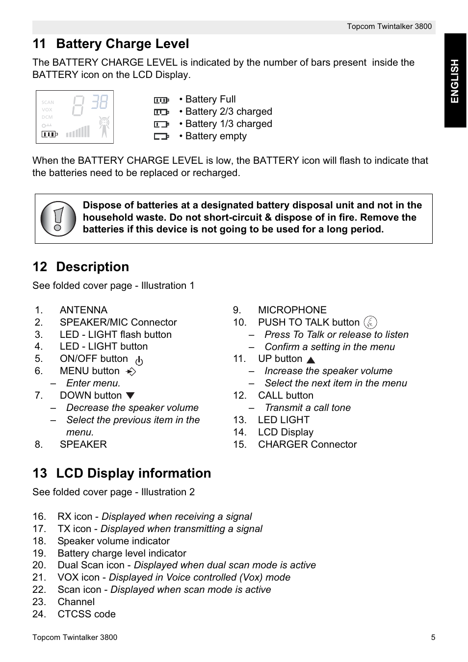 11 battery charge level, 12 description, 13 lcd display information | Topcom Twin Talker 3800 User Manual | Page 7 / 188