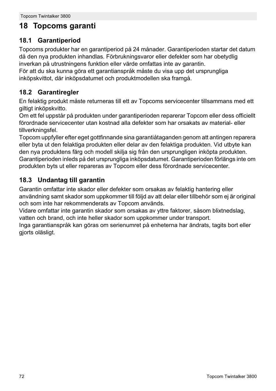 18 topcoms garanti | Topcom Twin Talker 3800 User Manual | Page 74 / 188