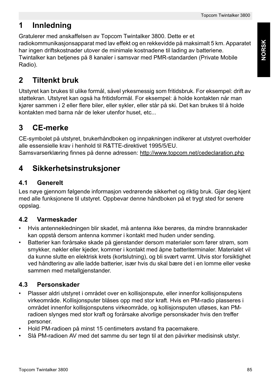 1innledning, 2tiltenkt bruk, 3ce-merke | 4sikkerhetsinstruksjoner | Topcom Twin Talker 3800 User Manual | Page 87 / 188