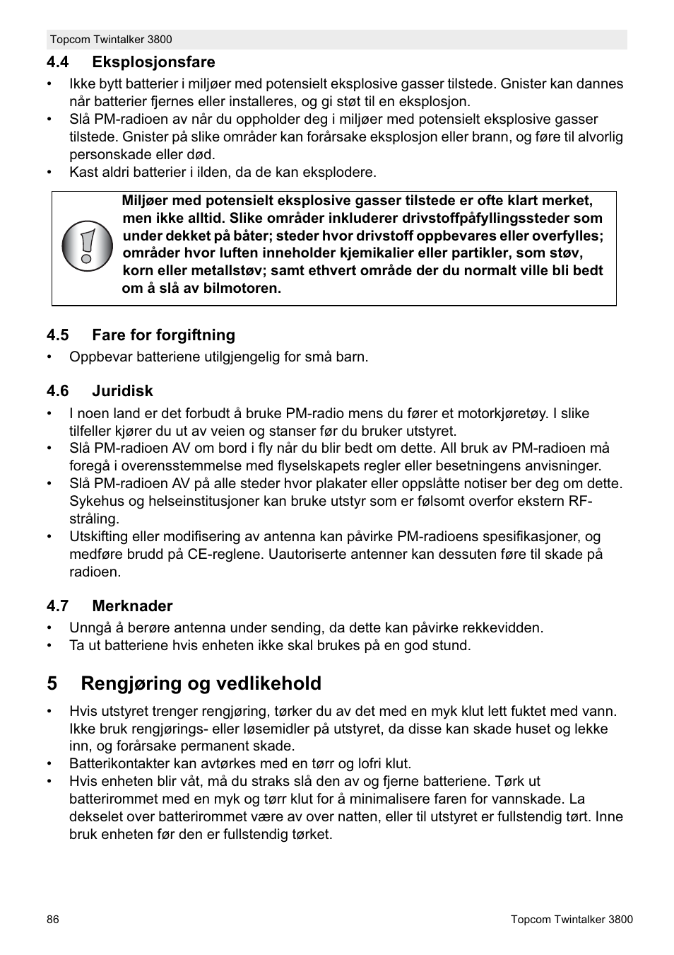 5rengjøring og vedlikehold | Topcom Twin Talker 3800 User Manual | Page 88 / 188