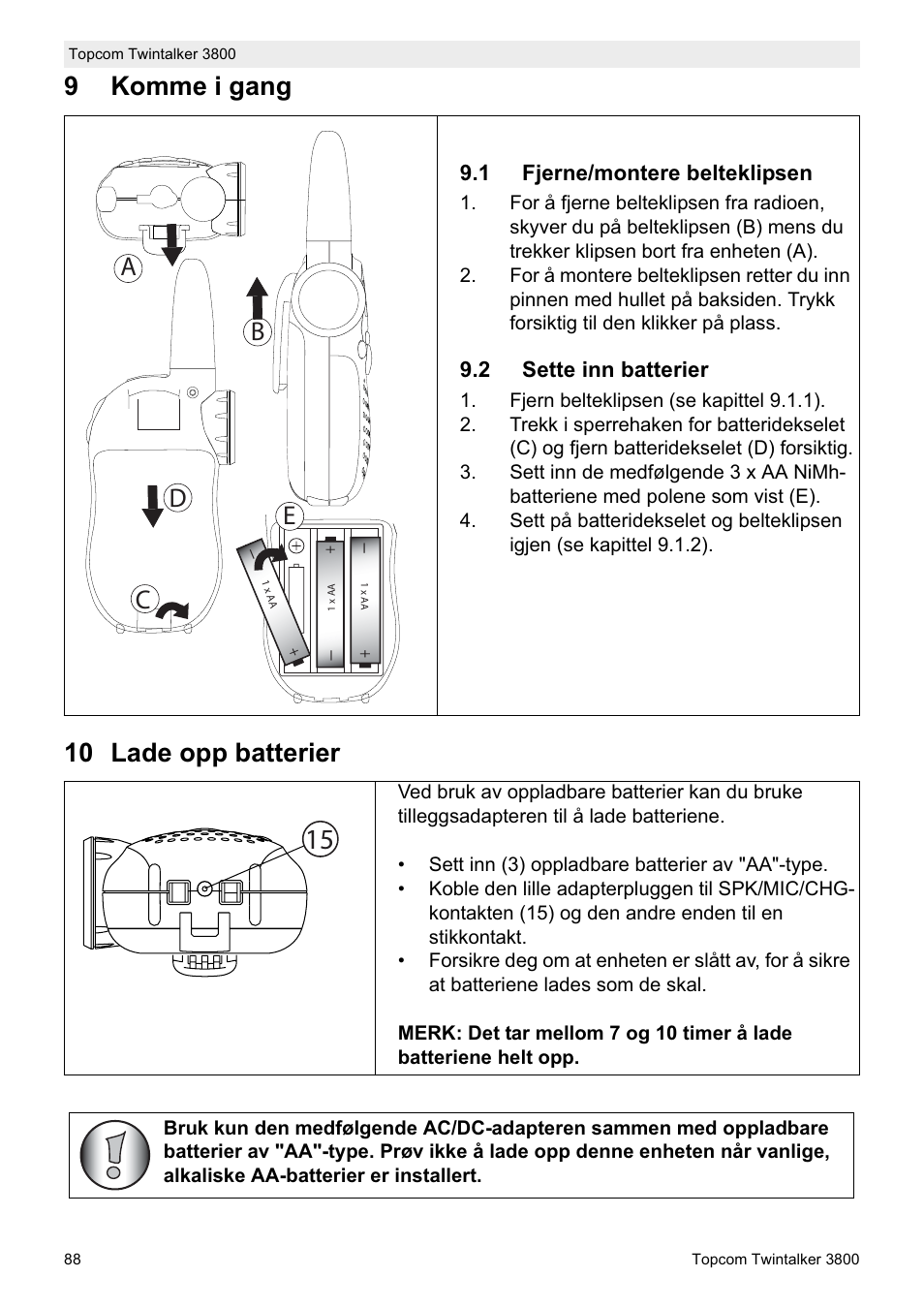 9komme i gang 10 lade opp batterier, Db c e | Topcom Twin Talker 3800 User Manual | Page 90 / 188