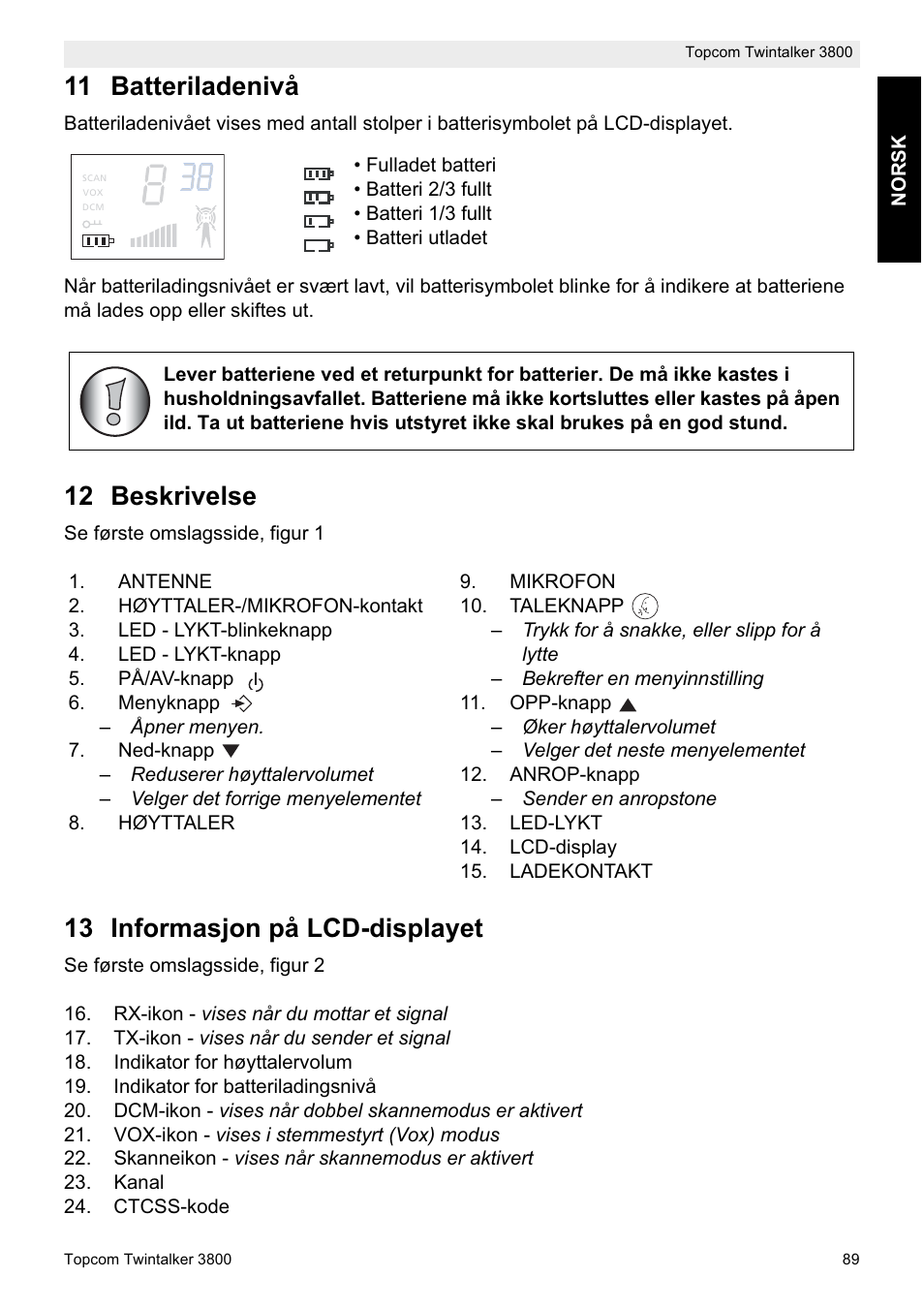 11 batteriladenivå, 12 beskrivelse, 13 informasjon på lcd-displayet | Topcom Twin Talker 3800 User Manual | Page 91 / 188