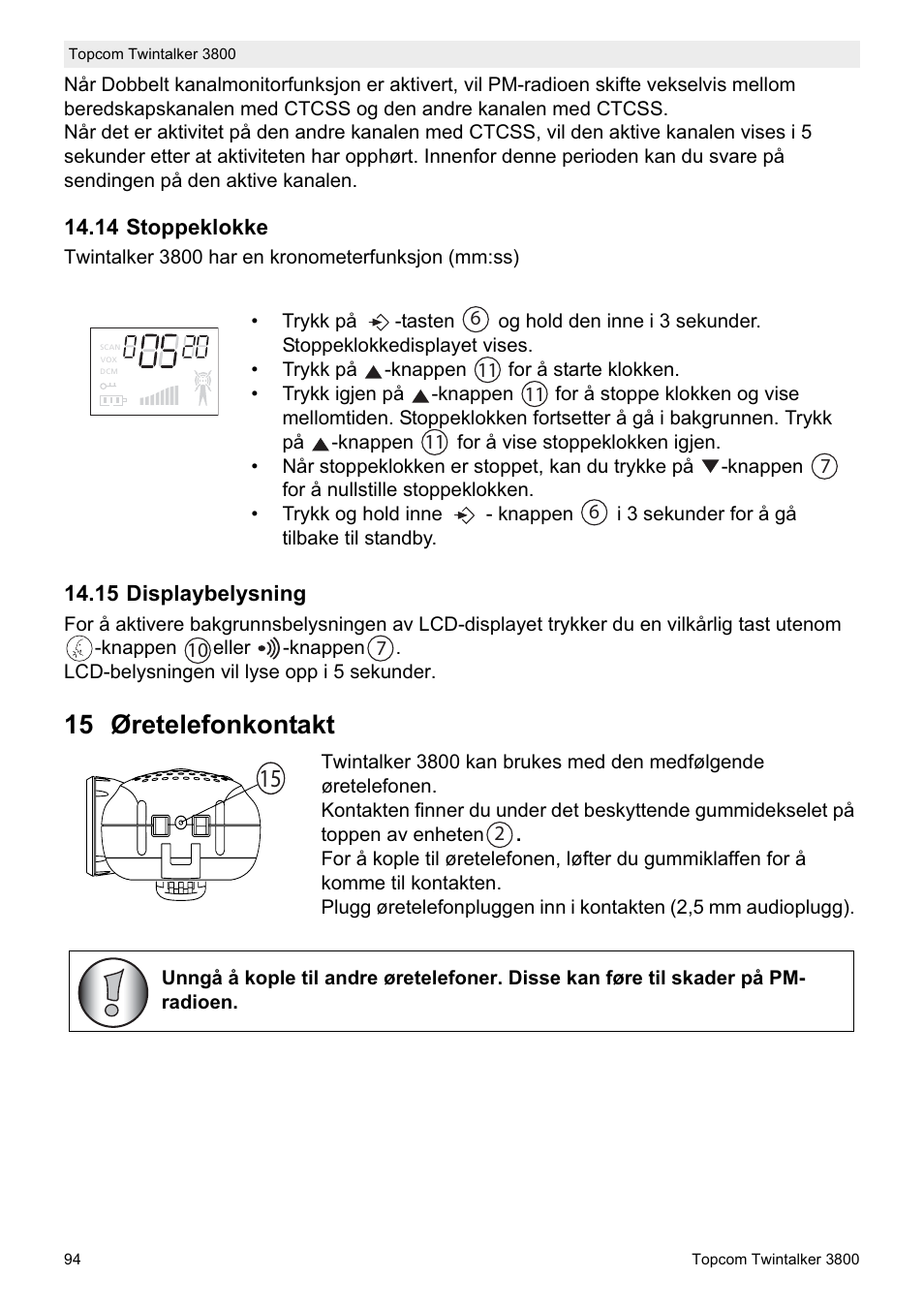 15 øretelefonkontakt | Topcom Twin Talker 3800 User Manual | Page 96 / 188