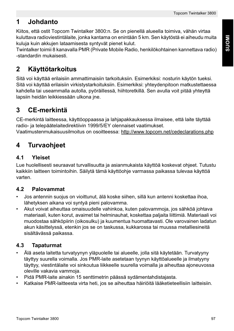 1johdanto, 2käyttötarkoitus, 3ce-merkintä | 4turvaohjeet | Topcom Twin Talker 3800 User Manual | Page 99 / 188