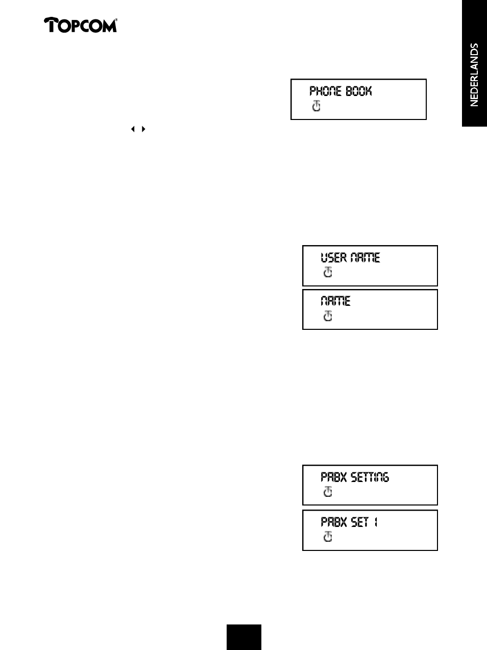 Butler 575 plus, Phone book user name name pabx setting pabx set 1 | Topcom Butler 575 Plus User Manual | Page 13 / 93