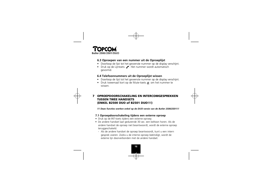Topcom Butler 2501 DUO User Manual | Page 16 / 75