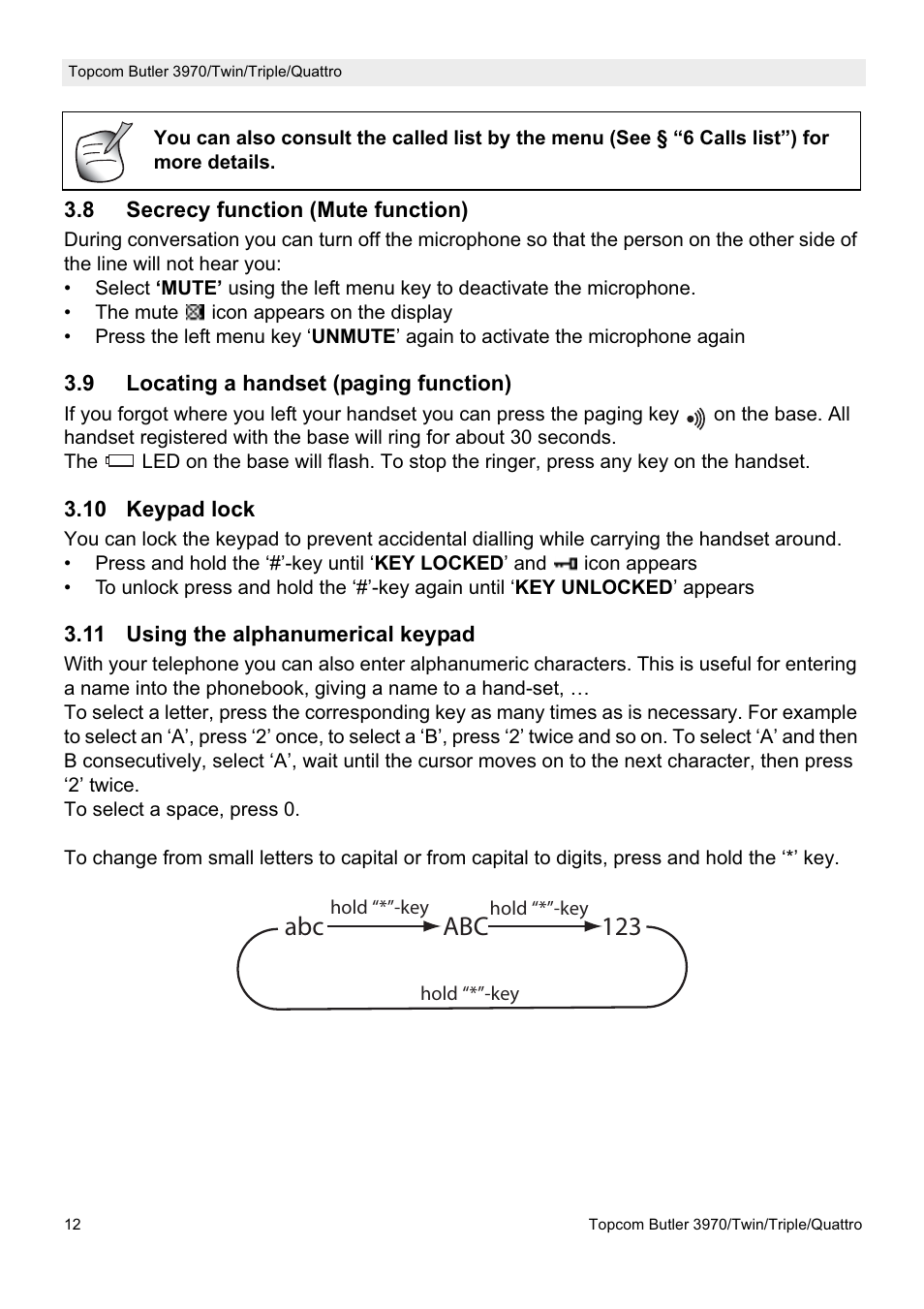 Abc abc 123 | Topcom BUTLER 3970 User Manual | Page 12 / 28