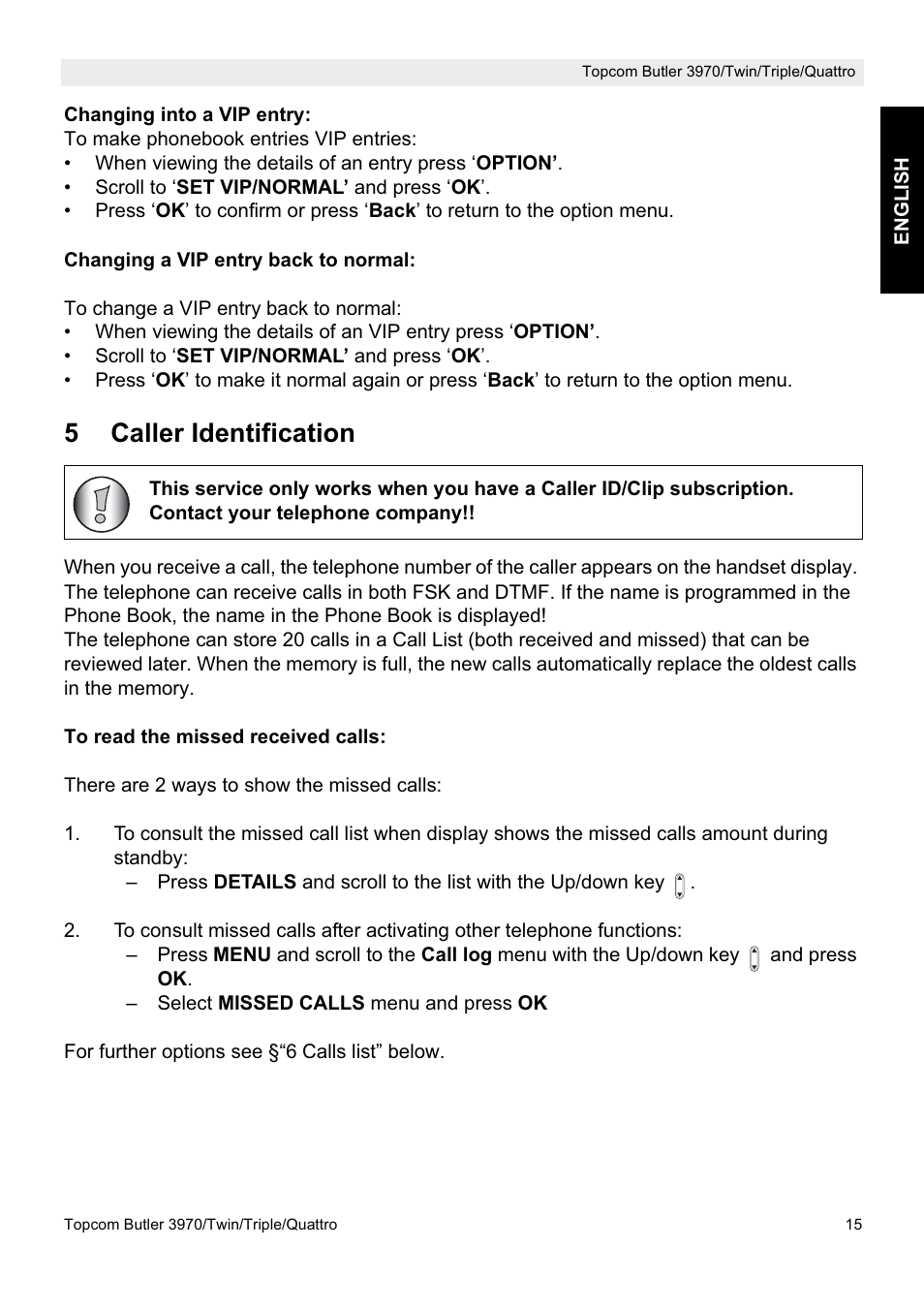 5caller identification | Topcom BUTLER 3970 User Manual | Page 15 / 28