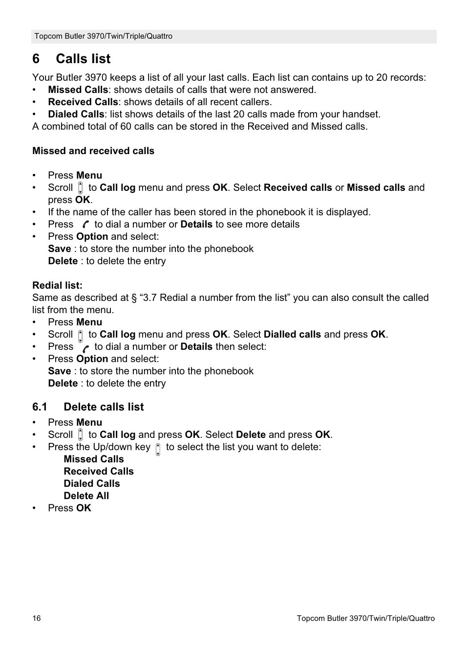 6calls list | Topcom BUTLER 3970 User Manual | Page 16 / 28