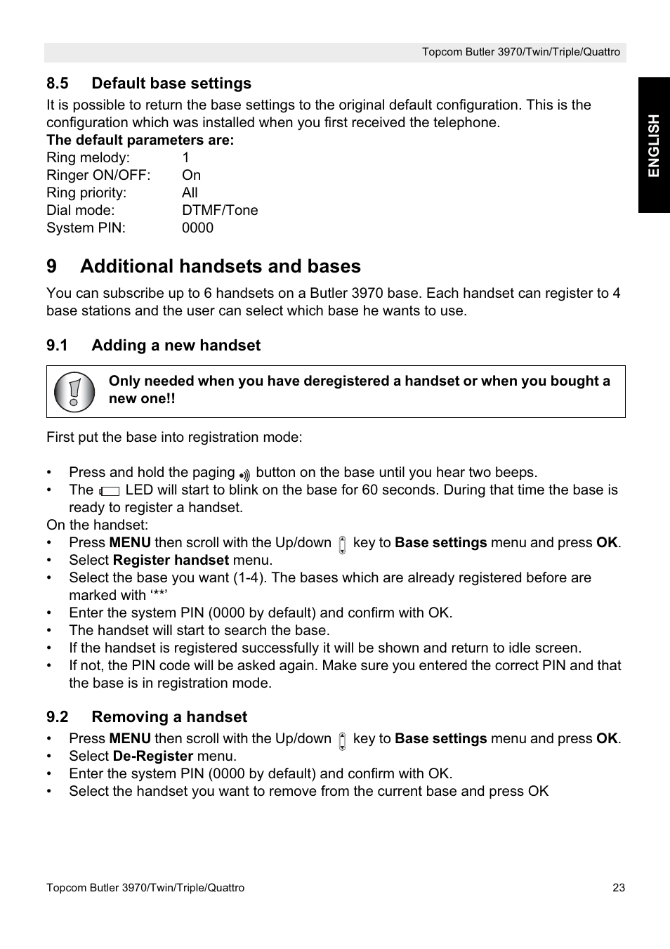 9additional handsets and bases | Topcom BUTLER 3970 User Manual | Page 23 / 28