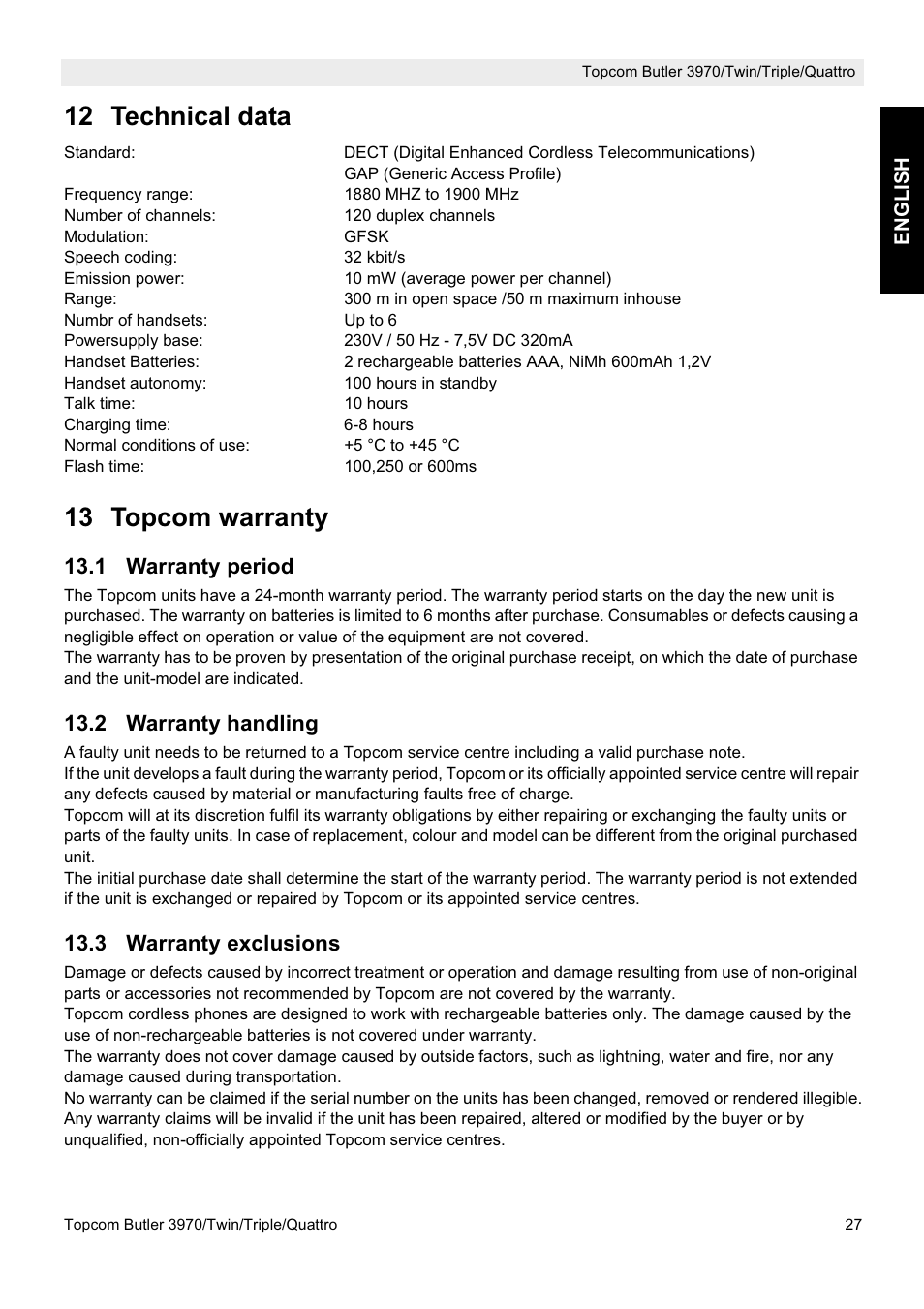 12 technical data, 13 topcom warranty, 1 warranty period | 2 warranty handling, 3 warranty exclusions | Topcom BUTLER 3970 User Manual | Page 27 / 28