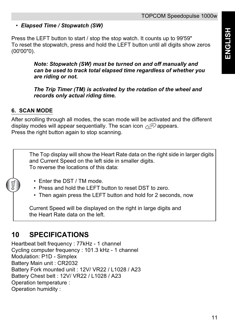 English, 10 specifications | Topcom Speedopulse 1000W User Manual | Page 11 / 88