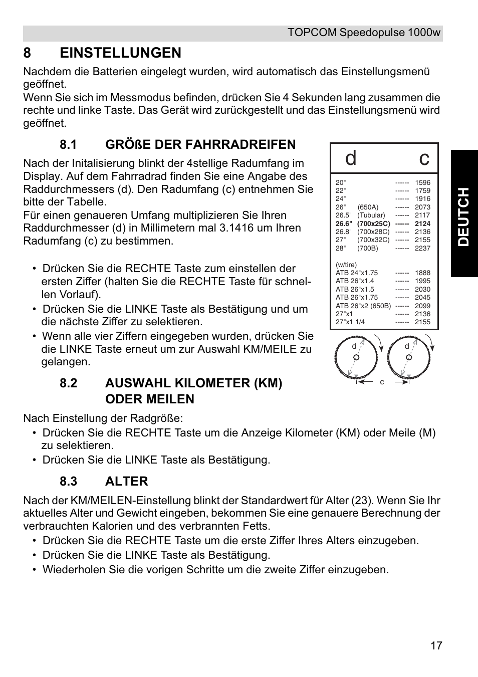 Deutch, 8einstellungen, 1 größe der fahrradreifen | 2 auswahl kilometer (km) oder meilen, 3 alter | Topcom Speedopulse 1000W User Manual | Page 17 / 88