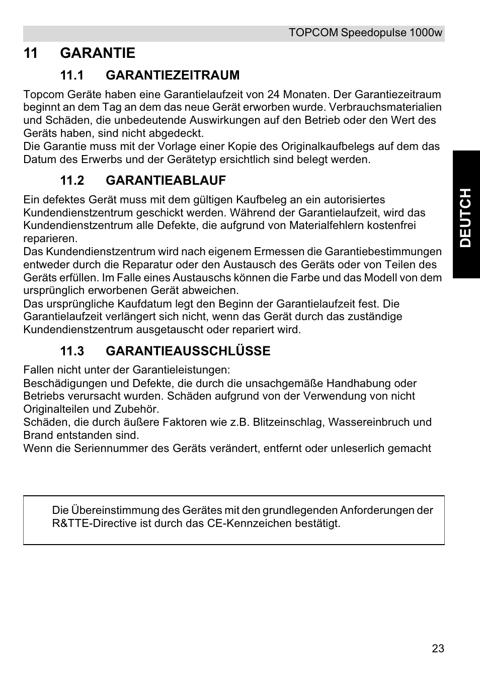 Deutch, 11 garantie | Topcom Speedopulse 1000W User Manual | Page 23 / 88