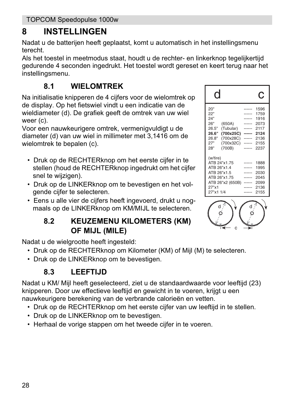 8instellingen, 1 wielomtrek, 2 keuzemenu kilometers (km) of mijl (mile) | 3 leeftijd | Topcom Speedopulse 1000W User Manual | Page 28 / 88