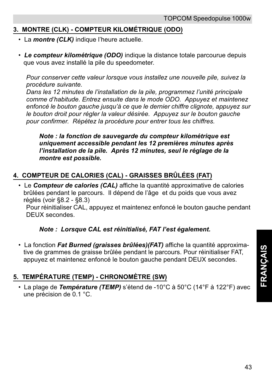 Français | Topcom Speedopulse 1000W User Manual | Page 43 / 88